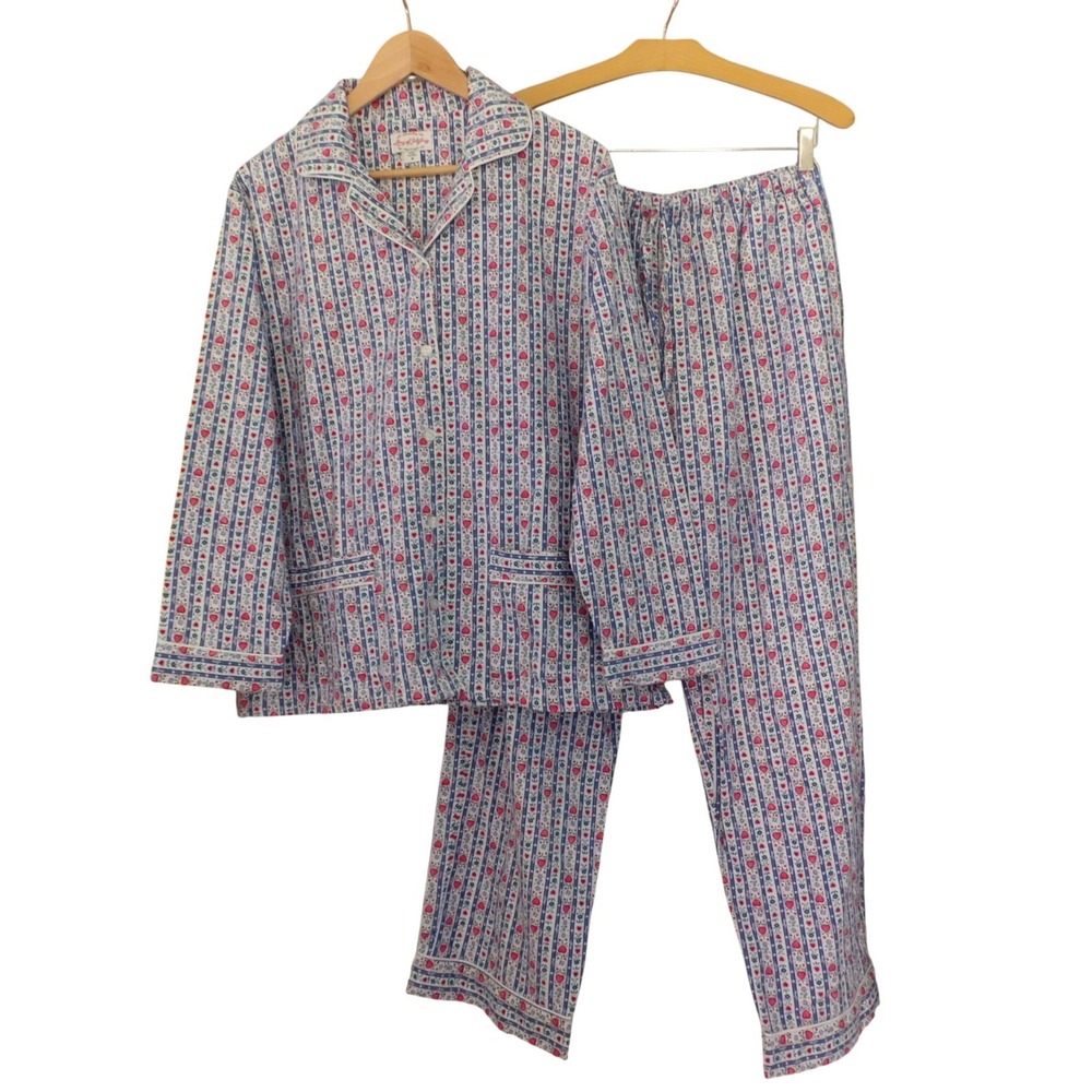 Lanz of Salzburg Flannel Pajama Set Tyrolean Blue Heart 2 Pc Cotton Sz Medium
